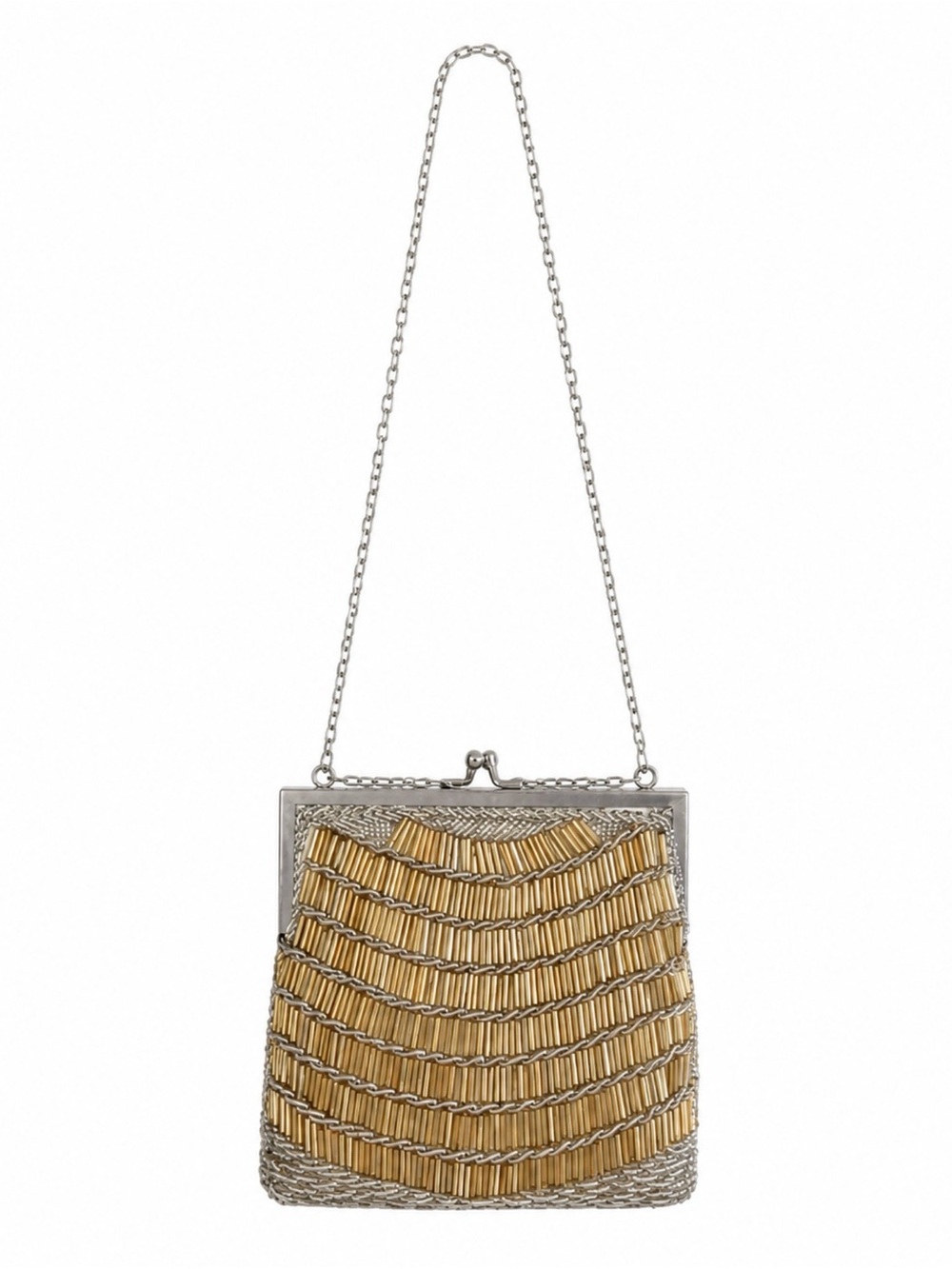 ARTEL Vintage Gold Beaded Evening Bag/Silver chain strap Clutch